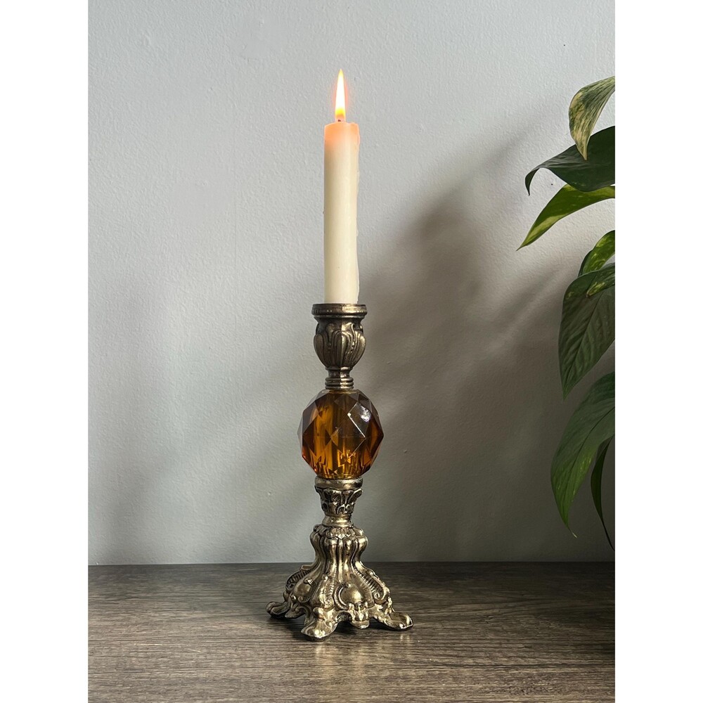 Vintage Ornate Brass and Amber Glass Candle Holder